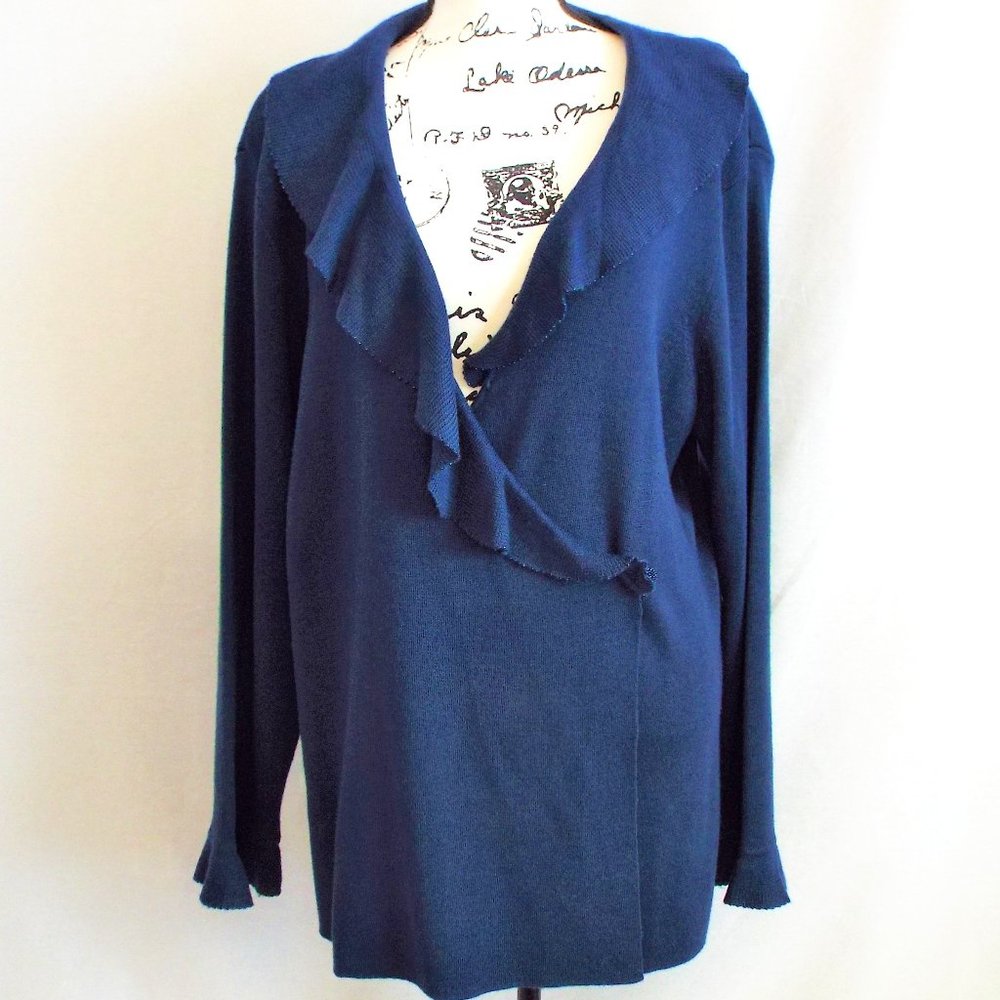Adrianna Papell Wrap Blue Cardigan Sweater with Ruffled Collar and Sleeves Sz 2x